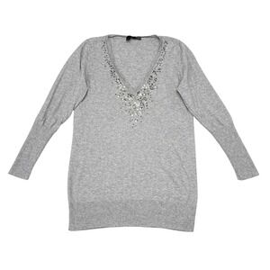 Eileen Fisher Sweater Size Medium Gray Cotton Cashmere Blend V Neck Sequins